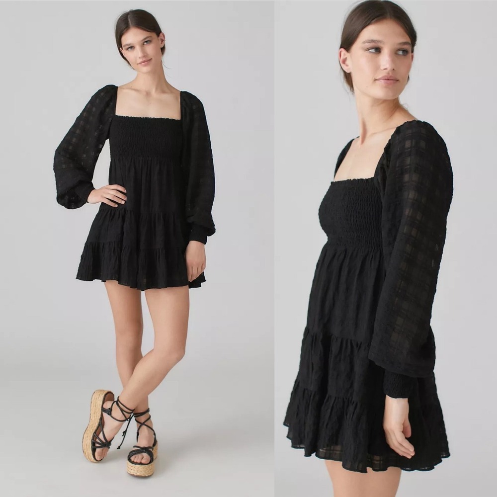 Urban Outfitters River Smocked Long Sleeve Mini Dress Black Medium Tiered Square